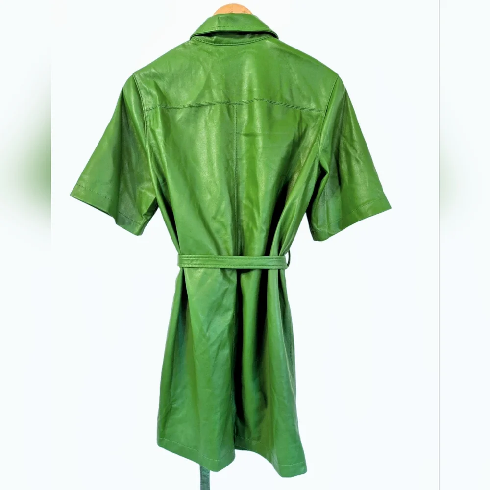 STAUD Dress Womens XS Blaze Belted Faux Leather Green Mini Shirt Dress Dopamine - Picture 2 of 9